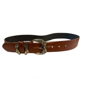 Besty johnson brown belt with distressing gold flower buckle